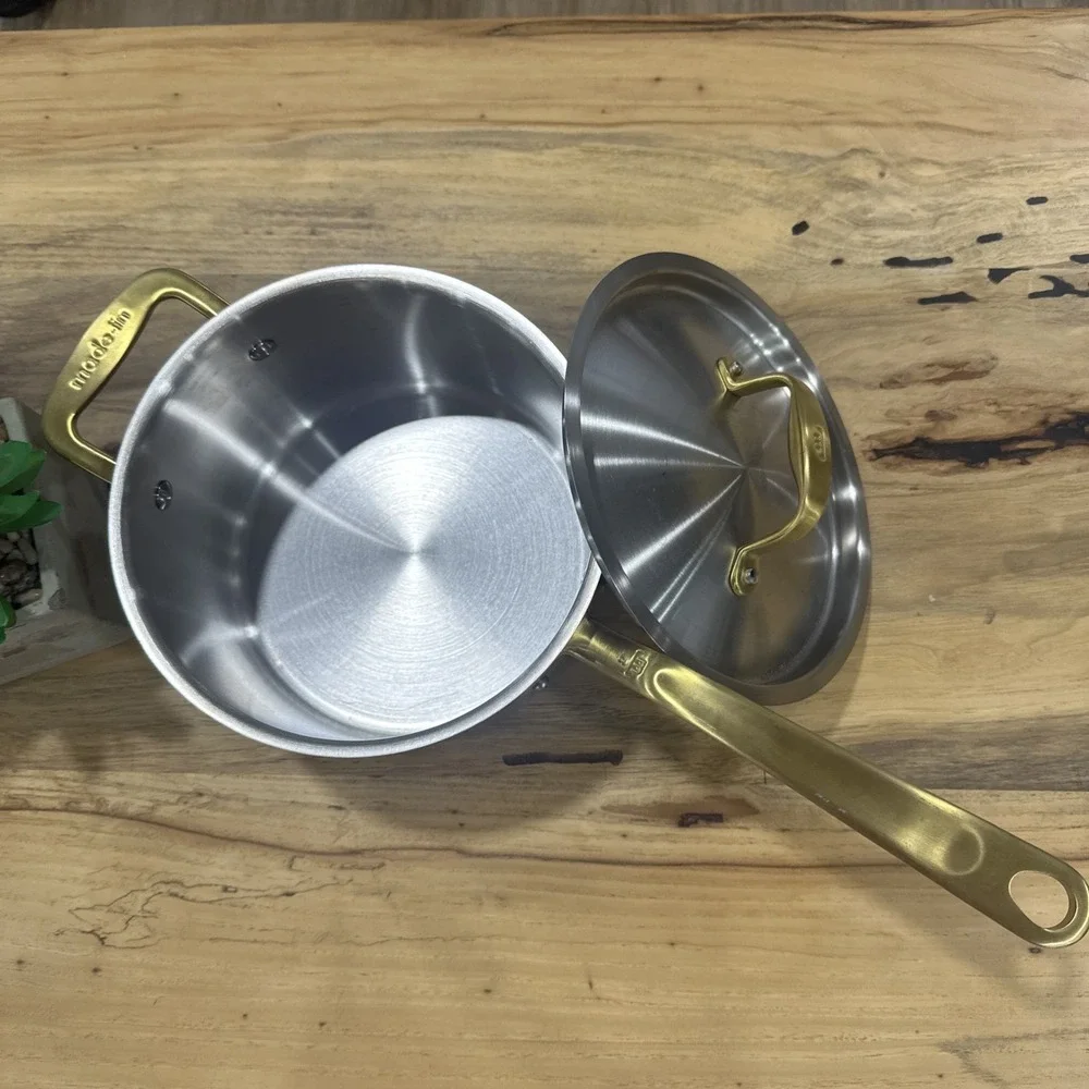 Made-In Cookware Italy 4 qt Stainless Saucepan‎ Gold Handle W/Lid NEW